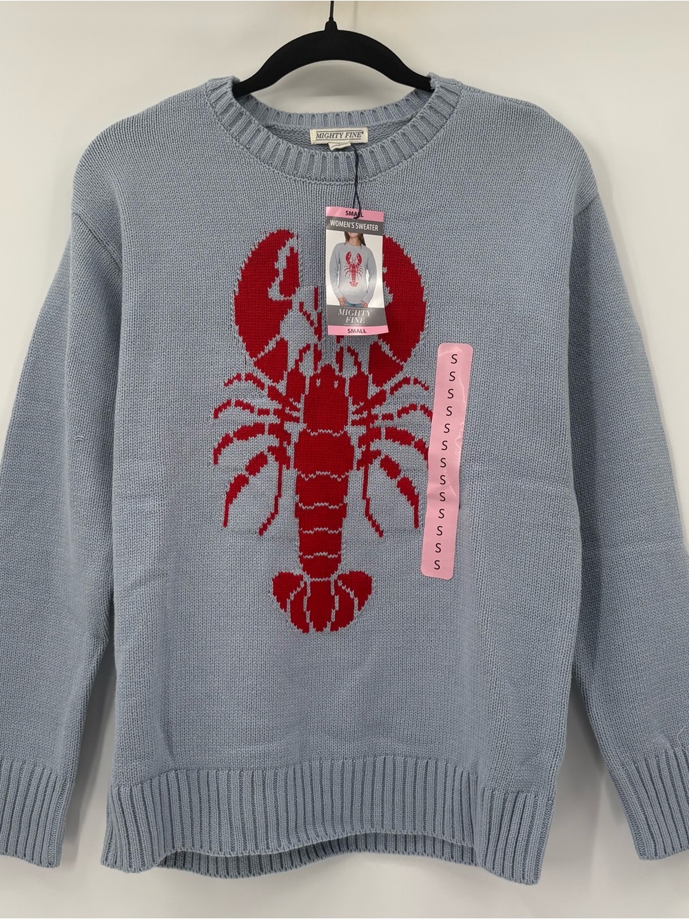 Mighty Fine Light Blue Crewneck Sweater with Red Lobster Motif